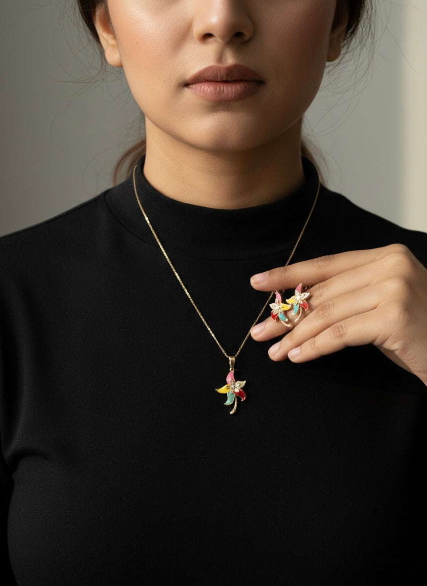 Colorful Floral Crystal Jewelry Set – Gold Tone Pendant & Earrings