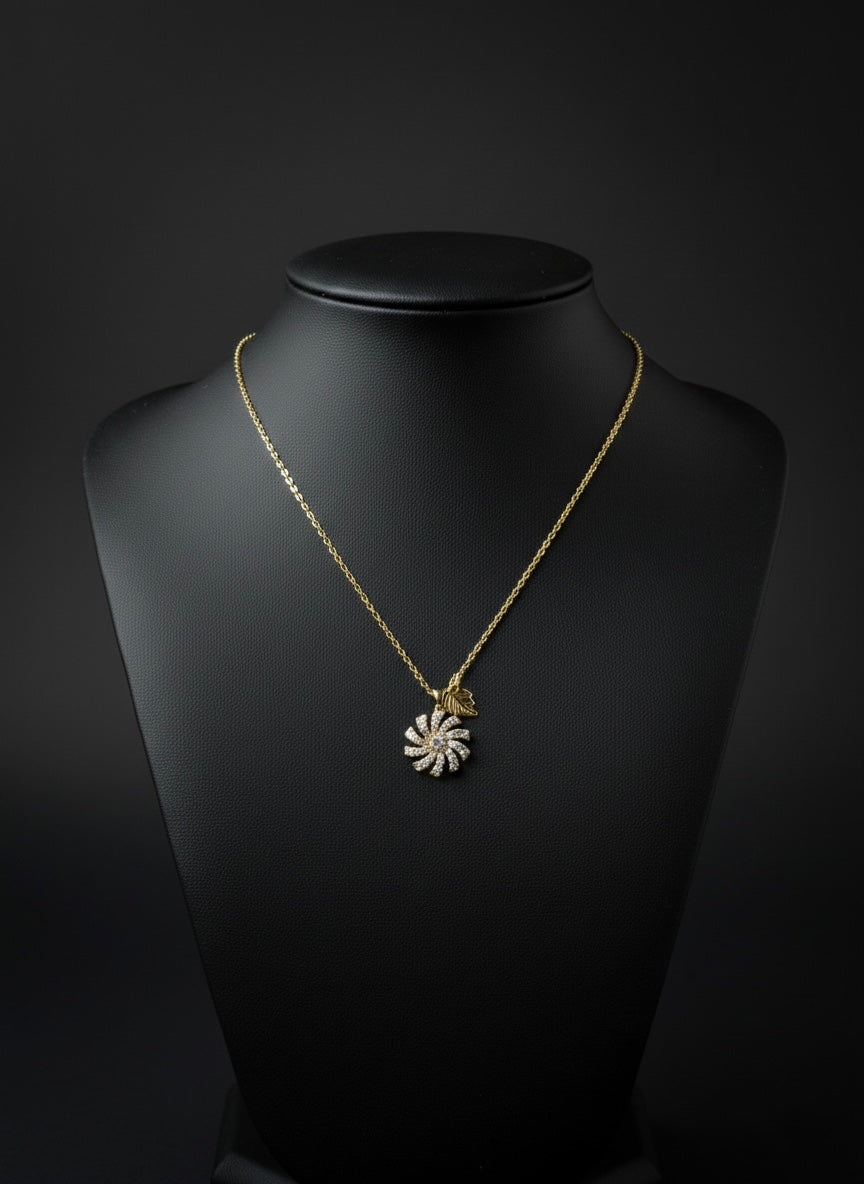 Luxury Gold Sunburst Crystal Pendant Necklace – Leaf Charm Design