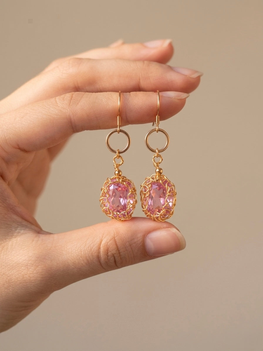 Luxury Gold Wire Wrapped Pink Zircon Drop Earrings for Women