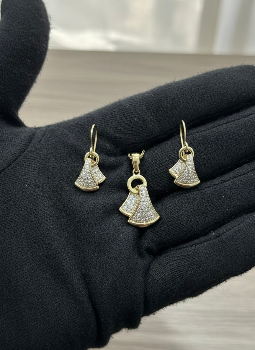 Luxury Gold Fan Design Pendant & Earrings Set – Crystal Pave